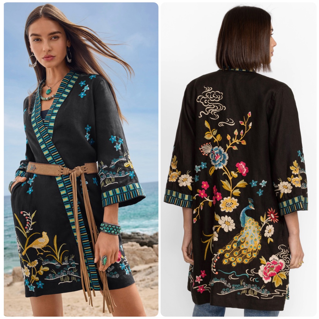 Johnny Was Celina Linen Kimono Coat Jacket Black Peacock Embroidered Size Xl